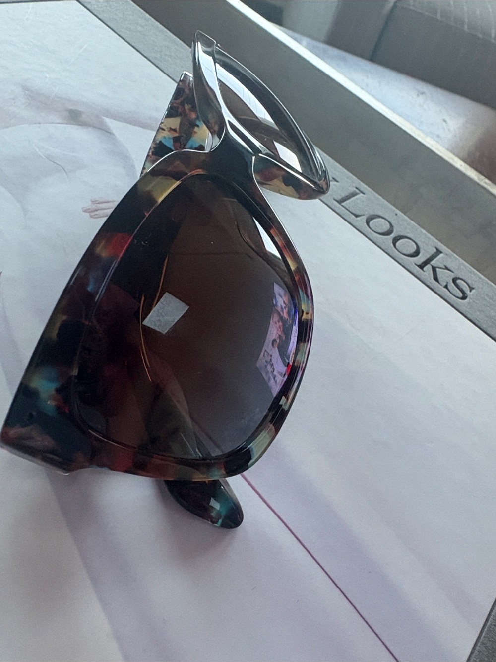 Prada Multicolor Patterned Acetate Sunglasses - Blue, Brown, Gold Accents - Picture 13 of 15